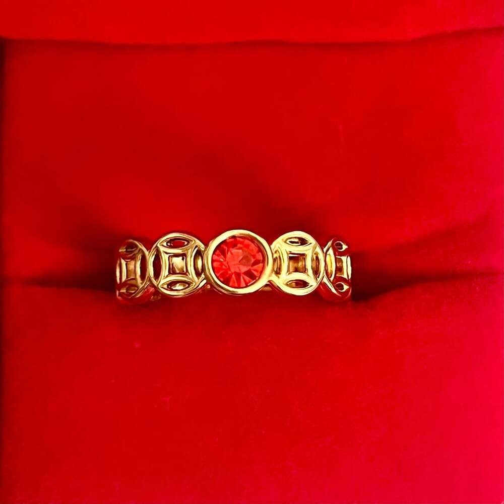 Gold-Plated Chinese Lucky Coin Open Ring With Red Stone Size 9